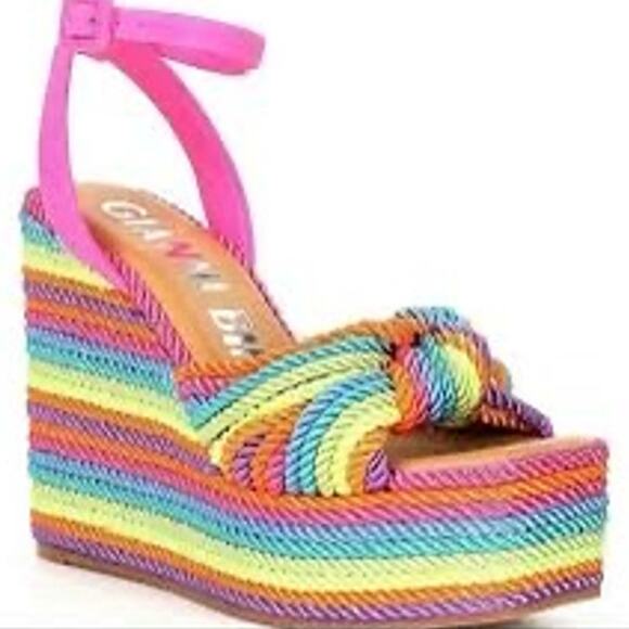 NEW Gianni Bini Leena Rainbow Cord Knot Platform Wedge Sandals Heels Sz 8 - Picture 2 of 7
